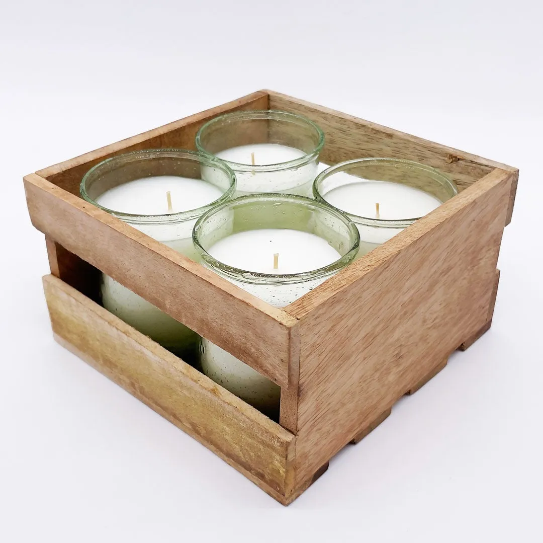 $15.00 min 4 - SET OF 4 VOTIVES IN WOODEN CRATE-CITRONELLA PINEAPPLE