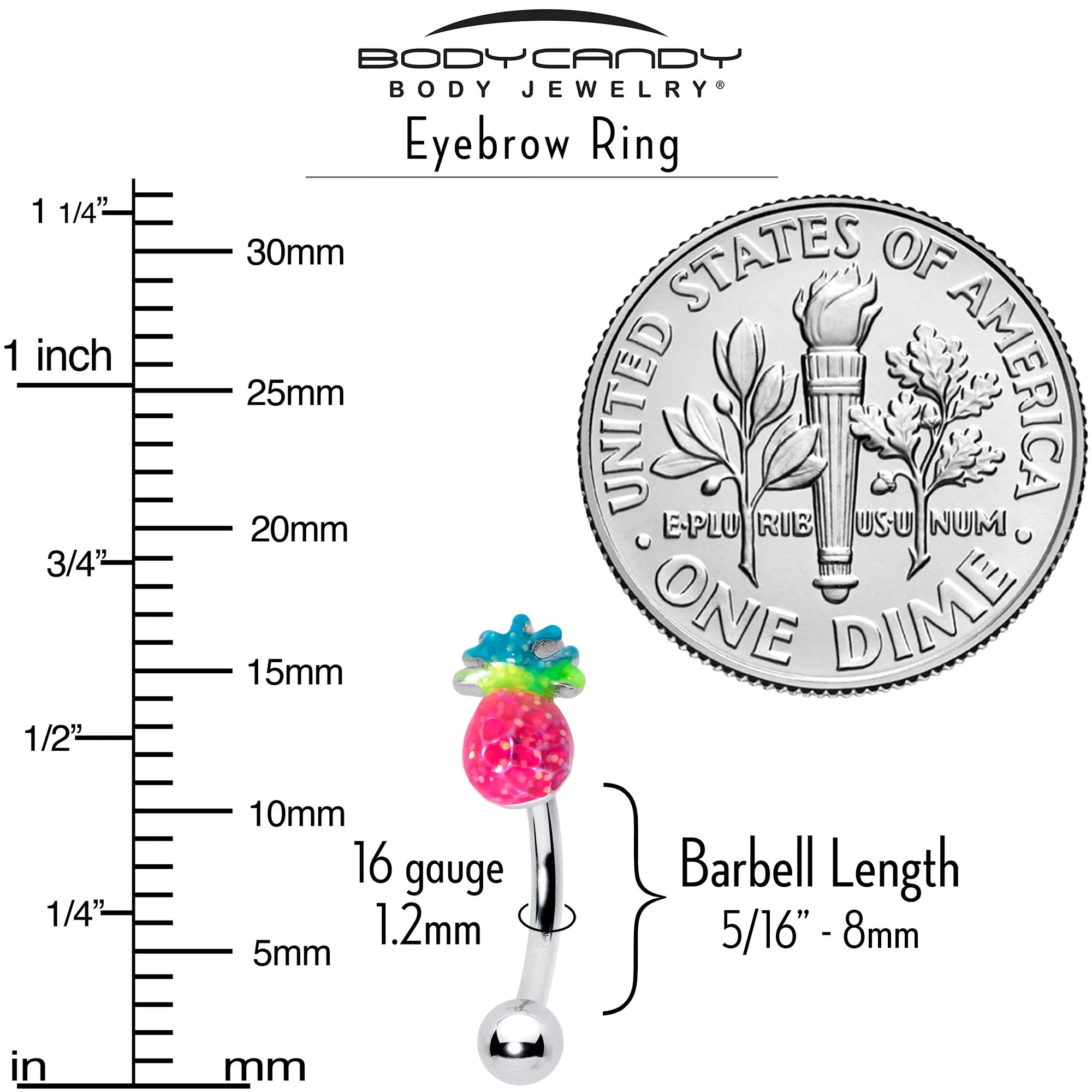 16 Gauge 5/16 Hot Tropical Pineapple Curved Eyebrow Ring