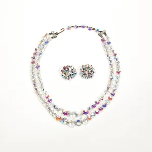 1950's Aurora Borealis Iridescent Faceted Crystal Necklace and Earring Set