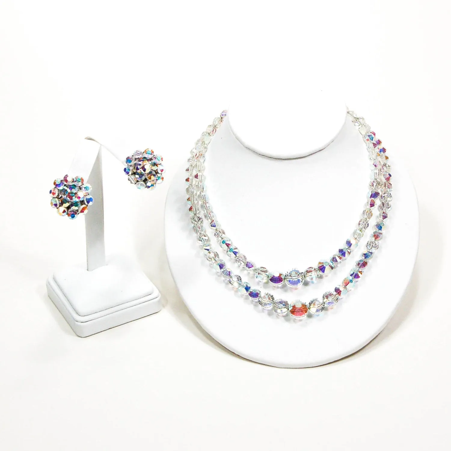 1950's Aurora Borealis Iridescent Faceted Crystal Necklace and Earring Set