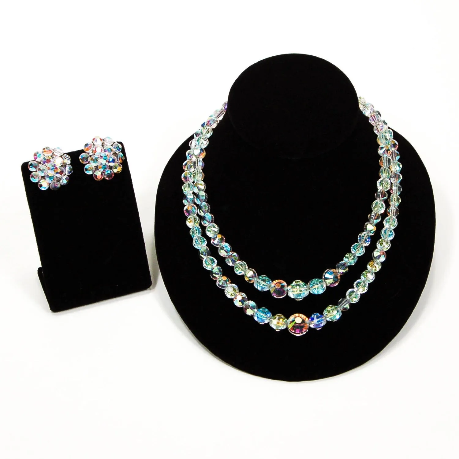 1950's Aurora Borealis Iridescent Faceted Crystal Necklace and Earring Set