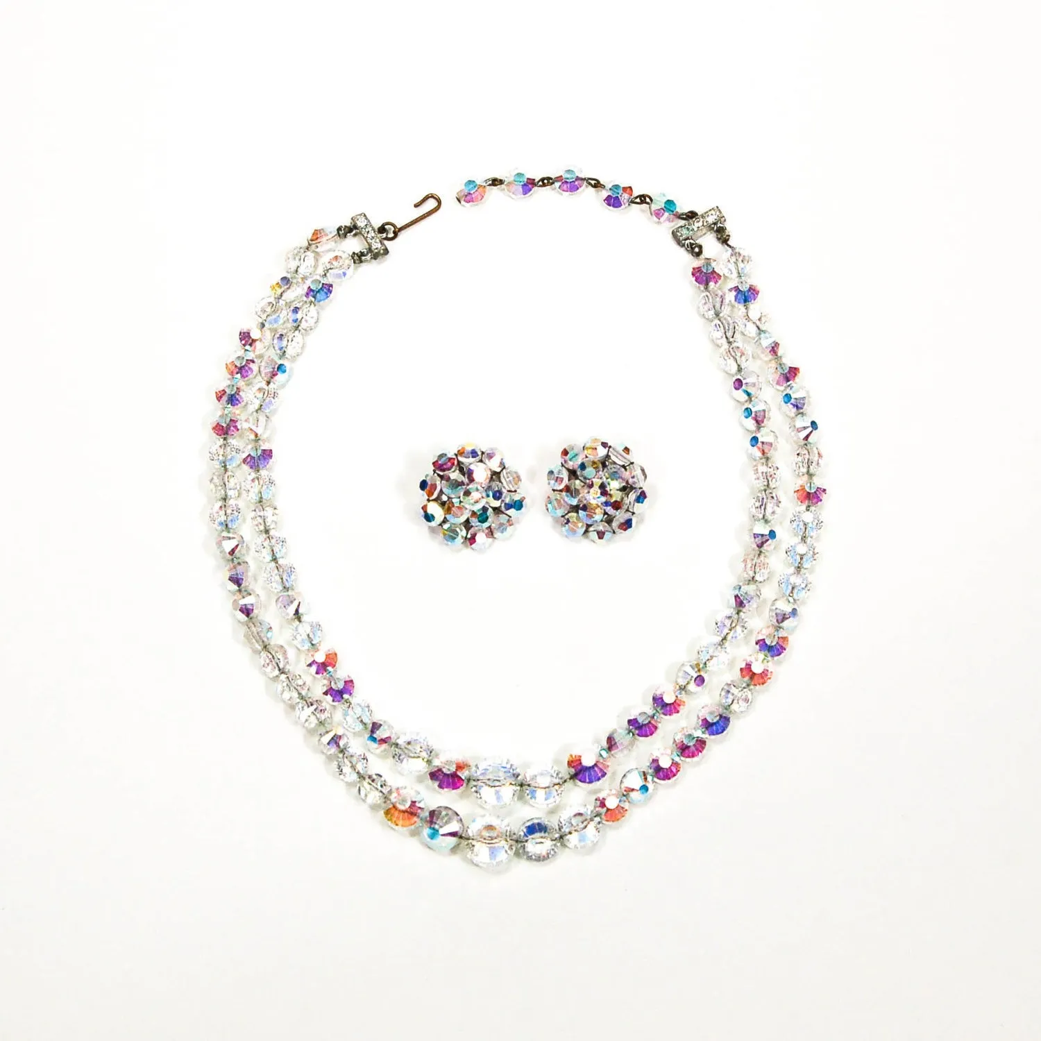 1950's Aurora Borealis Iridescent Faceted Crystal Necklace and Earring Set