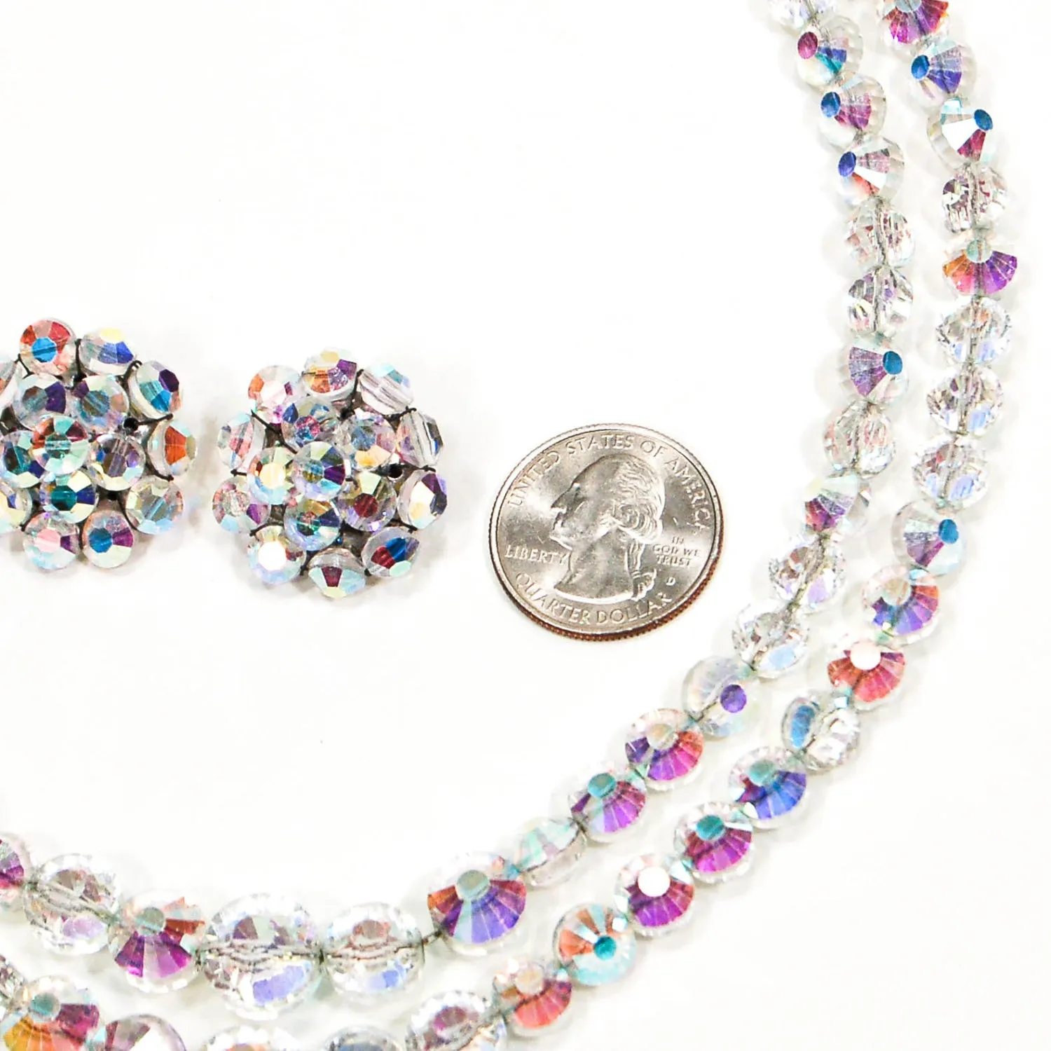 1950's Aurora Borealis Iridescent Faceted Crystal Necklace and Earring Set