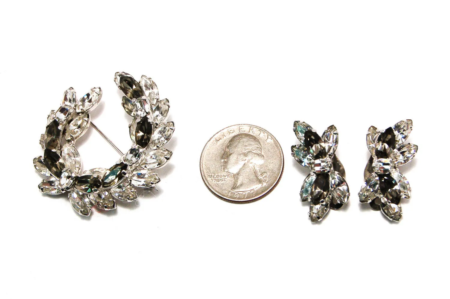 1950's Brooch and Earrings Set with Black Rhinestones by Sherman