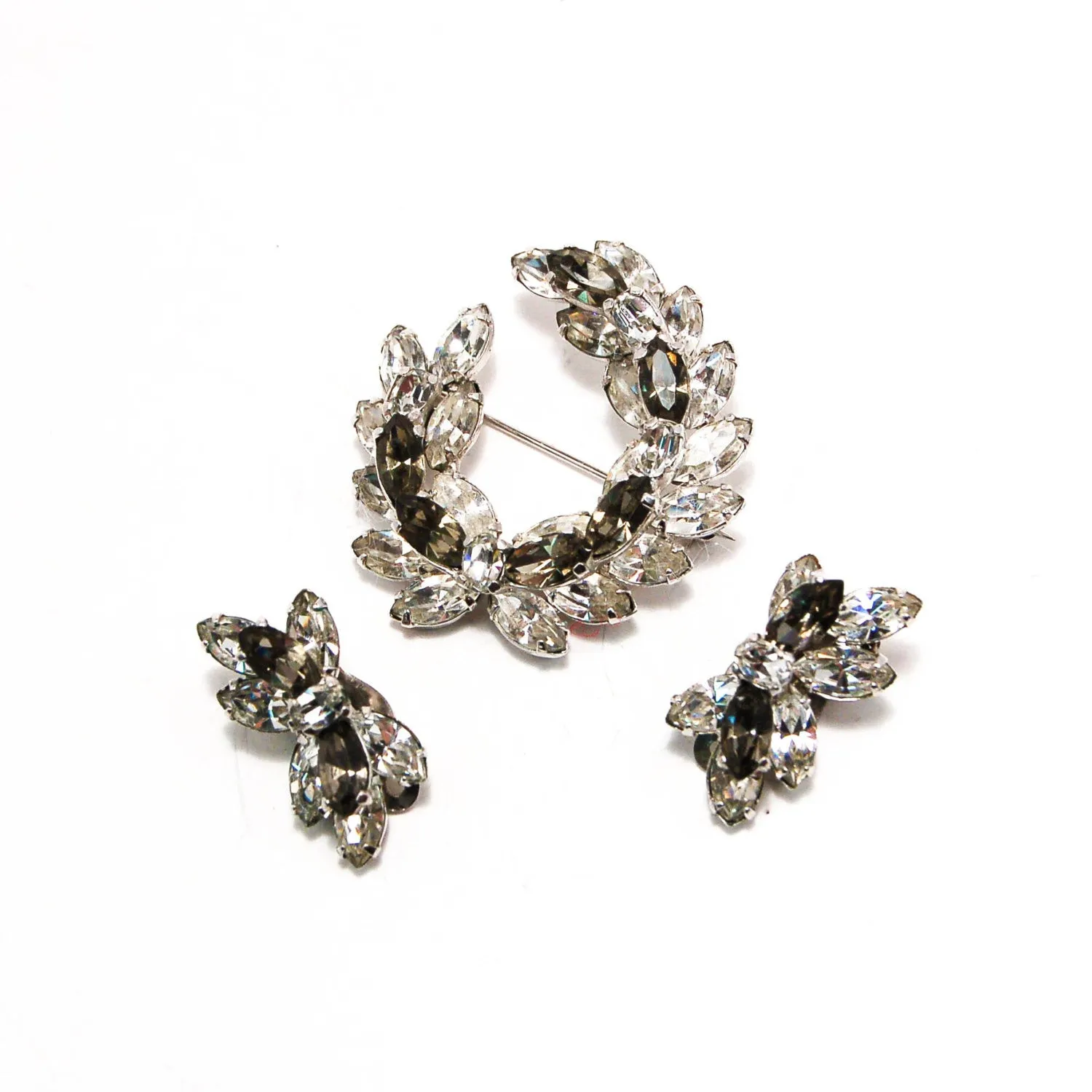 1950's Brooch and Earrings Set with Black Rhinestones by Sherman