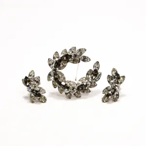 1950's Brooch and Earrings Set with Black Rhinestones by Sherman