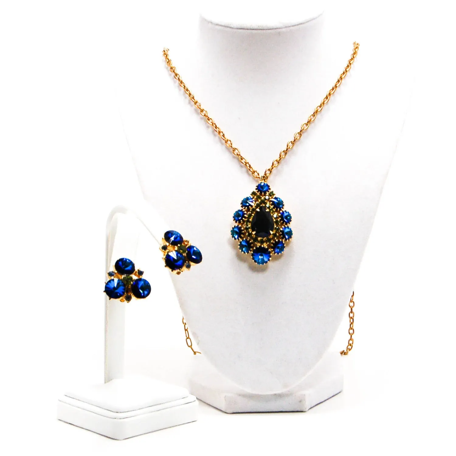 1950's Peacock Blue and Green Rhinestone Necklace and Earrings Set