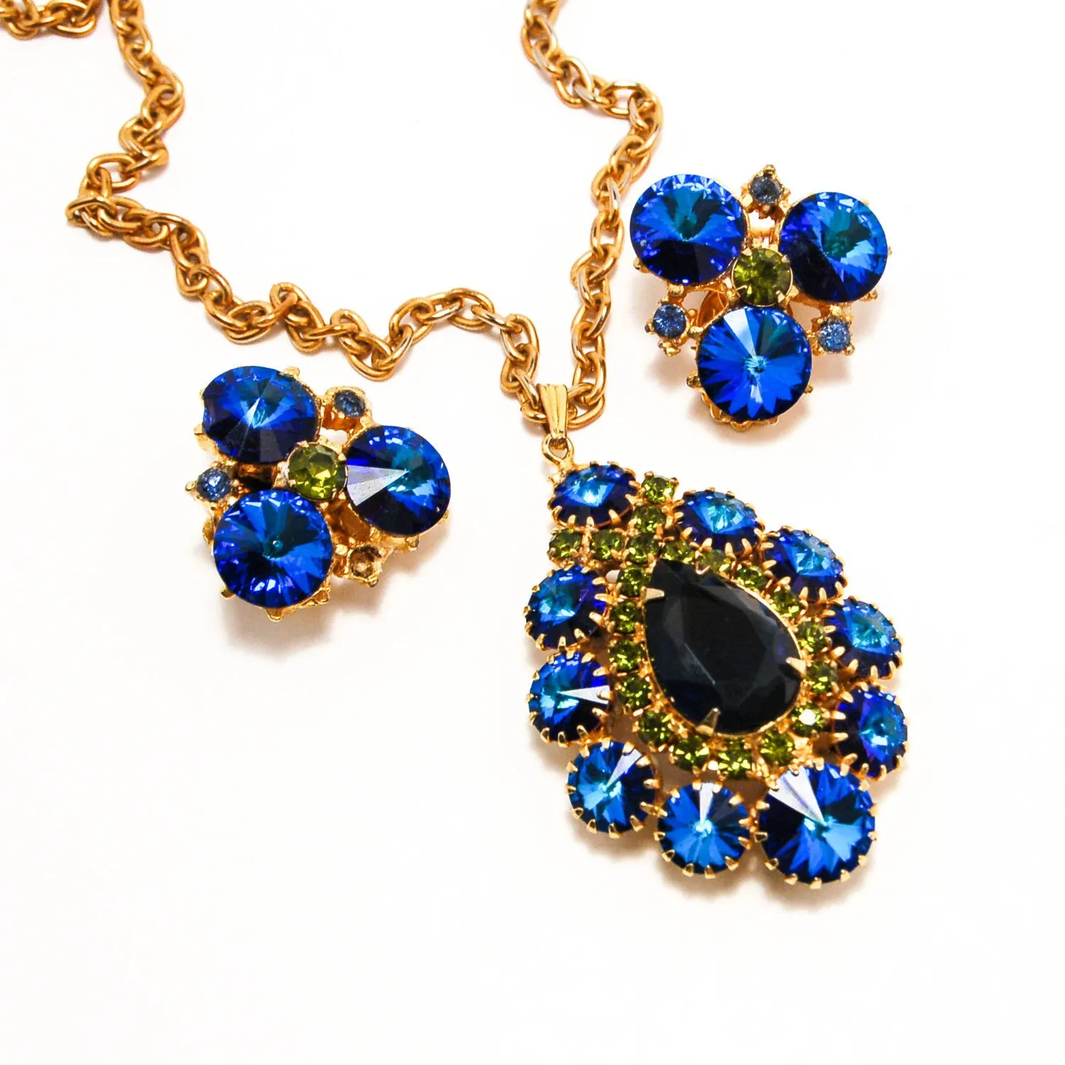 1950's Peacock Blue and Green Rhinestone Necklace and Earrings Set