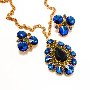 1950's Peacock Blue and Green Rhinestone Necklace and Earrings Set