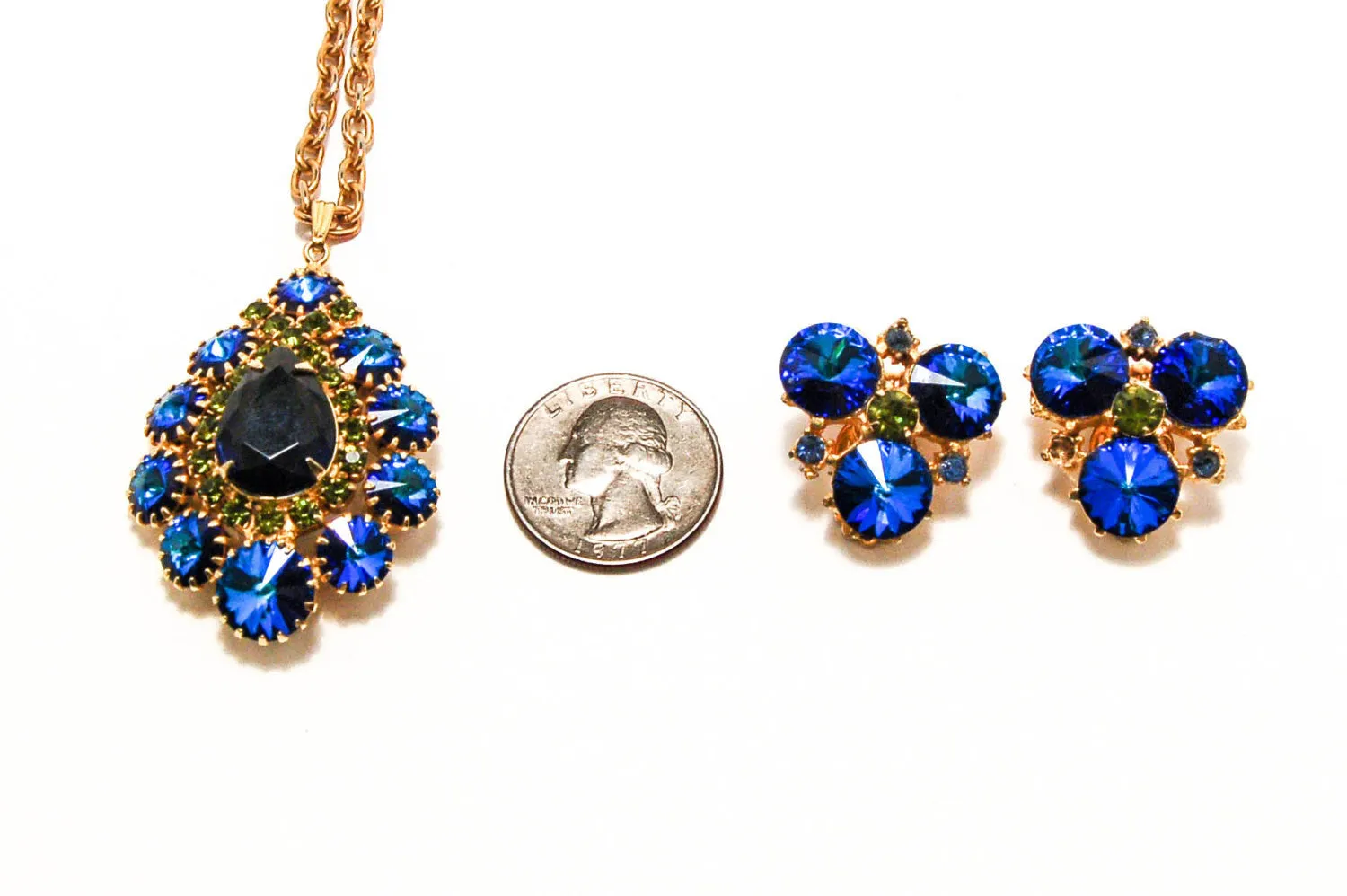 1950's Peacock Blue and Green Rhinestone Necklace and Earrings Set