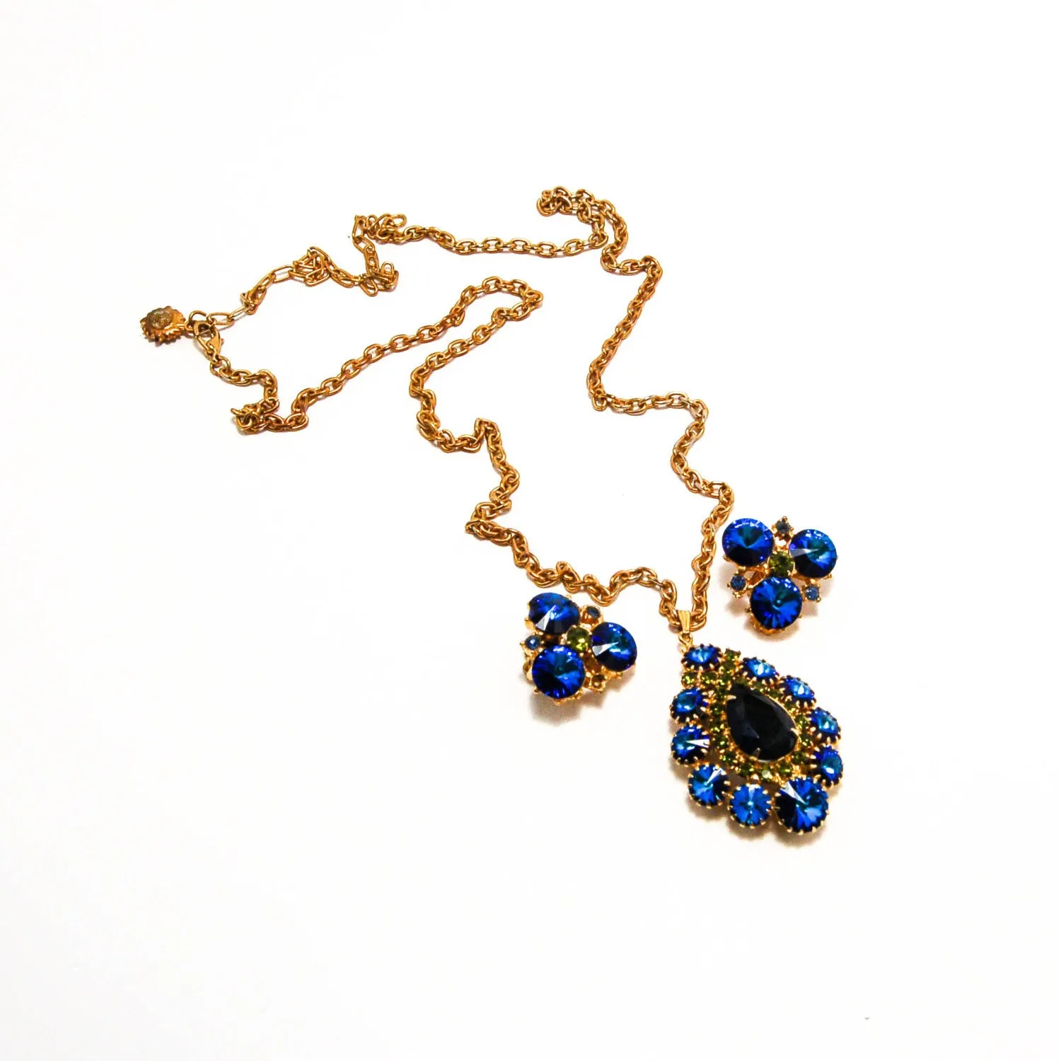 1950's Peacock Blue and Green Rhinestone Necklace and Earrings Set