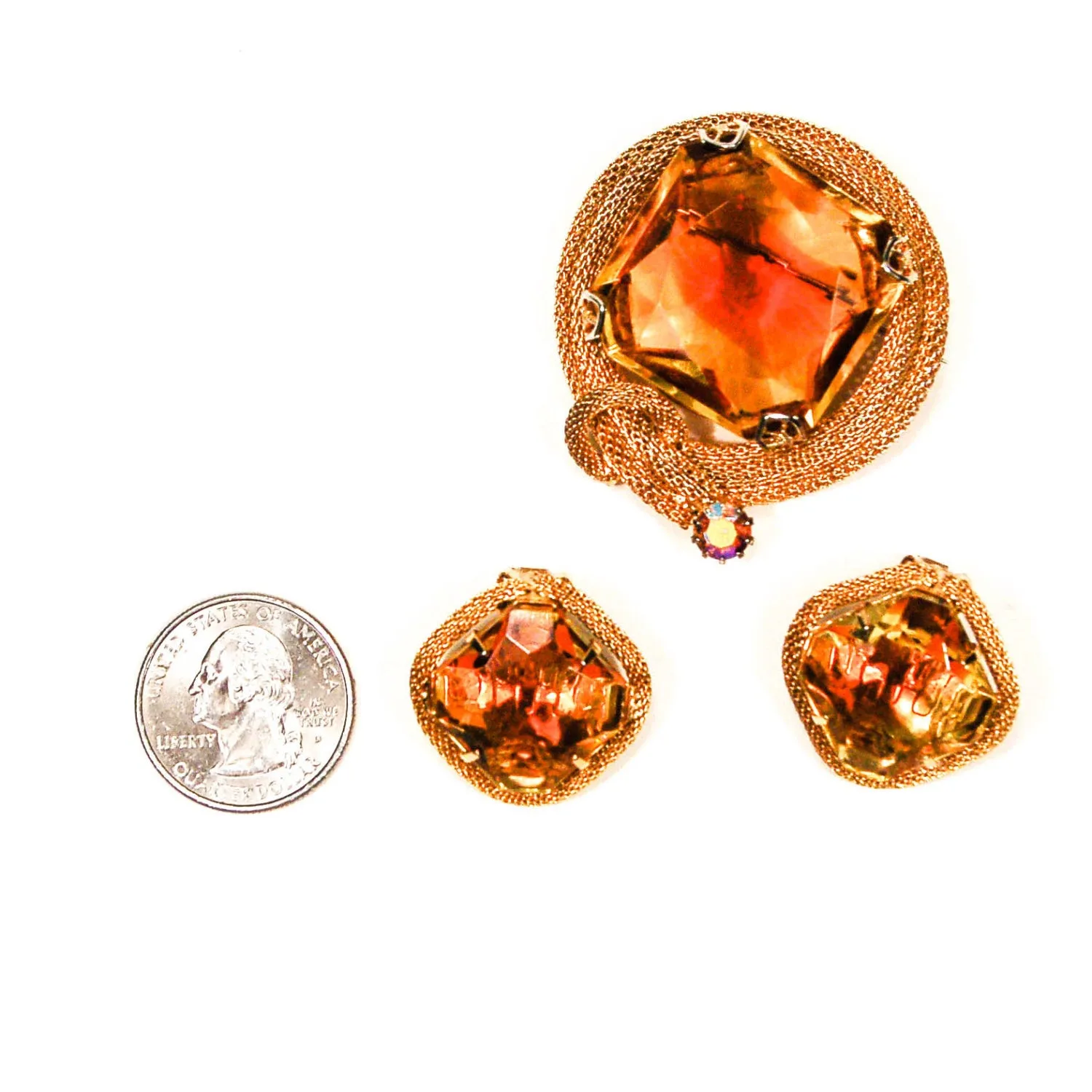 1960's Amber Topaz Rhinestone Brooch and Earring Set