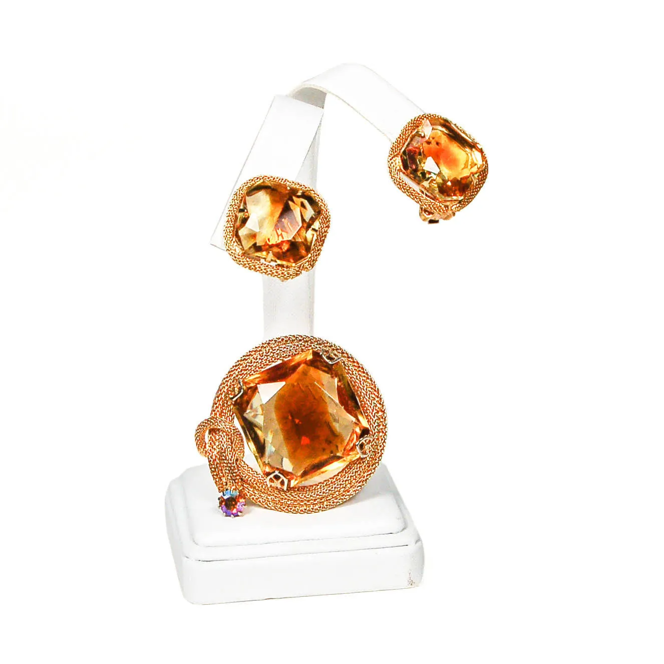 1960's Amber Topaz Rhinestone Brooch and Earring Set
