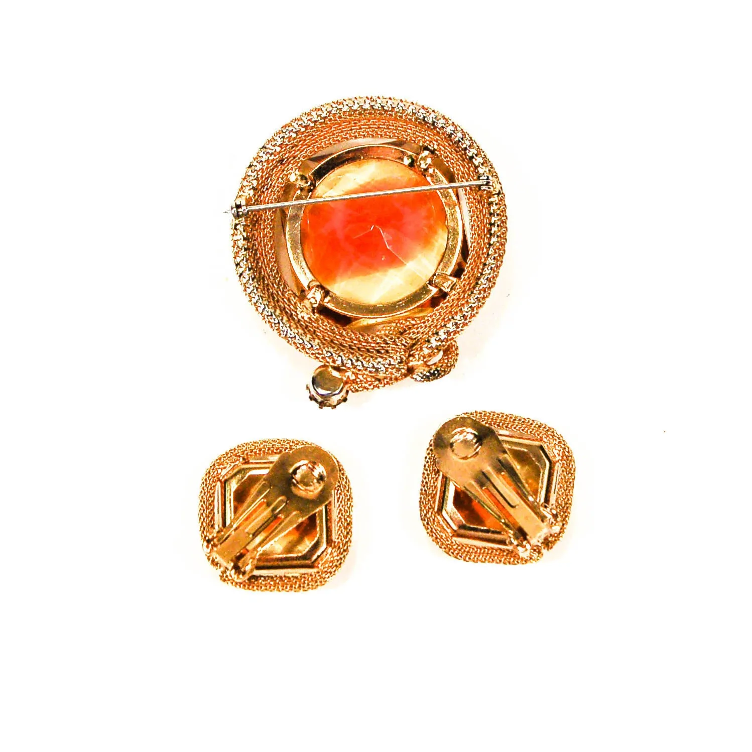 1960's Amber Topaz Rhinestone Brooch and Earring Set