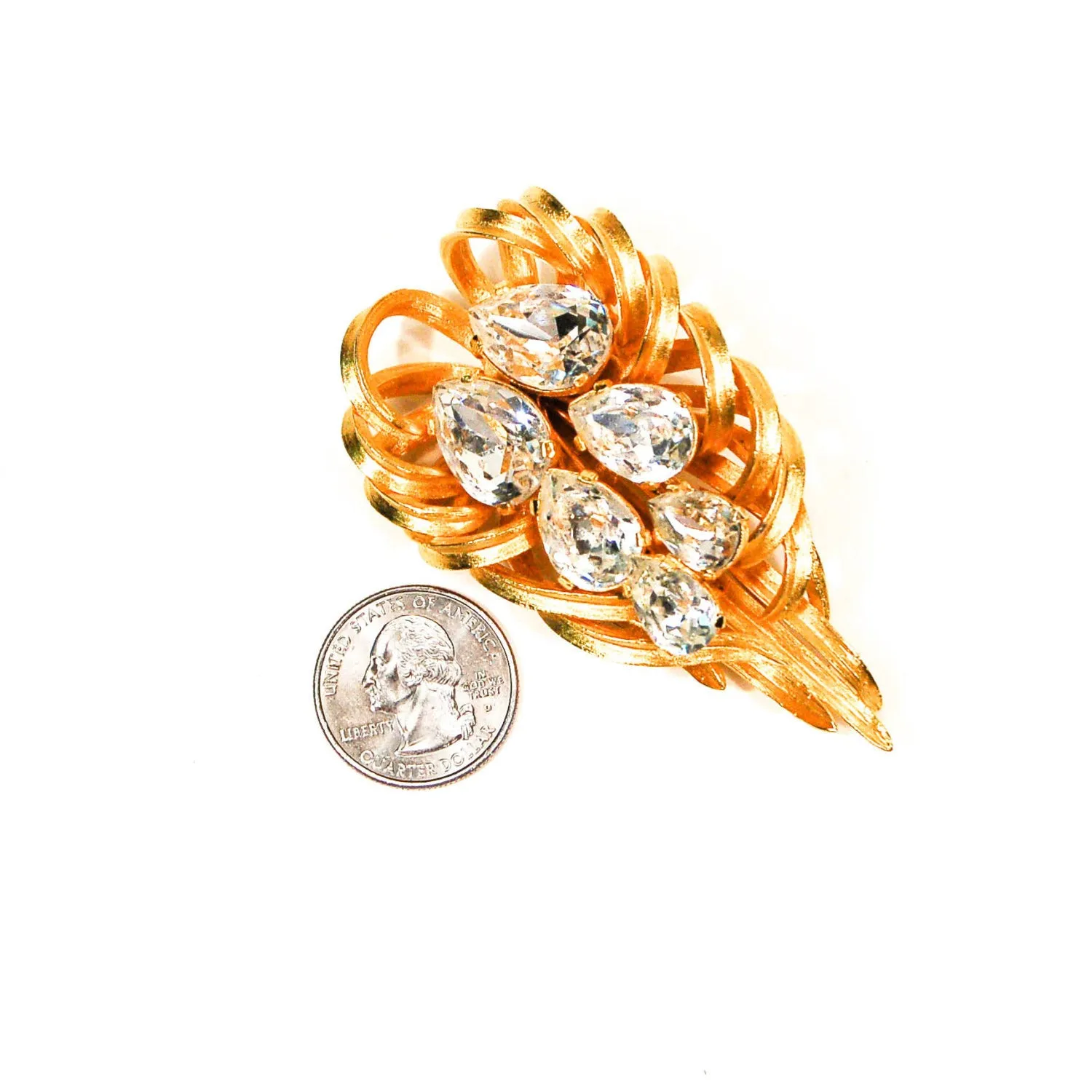 1960's Gold Rhinestone Leaf Brooch