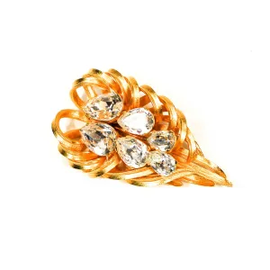 1960's Gold Rhinestone Leaf Brooch