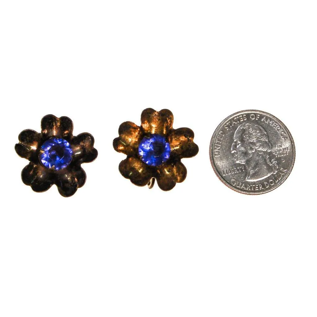 Antique Sterling Silver Flower Earrings with Sapphire Blue Rhinestone Centers