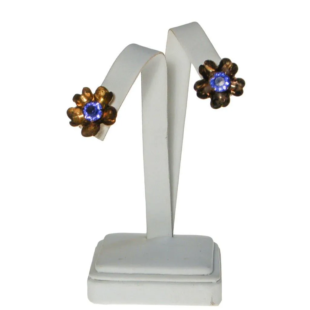 Antique Sterling Silver Flower Earrings with Sapphire Blue Rhinestone Centers