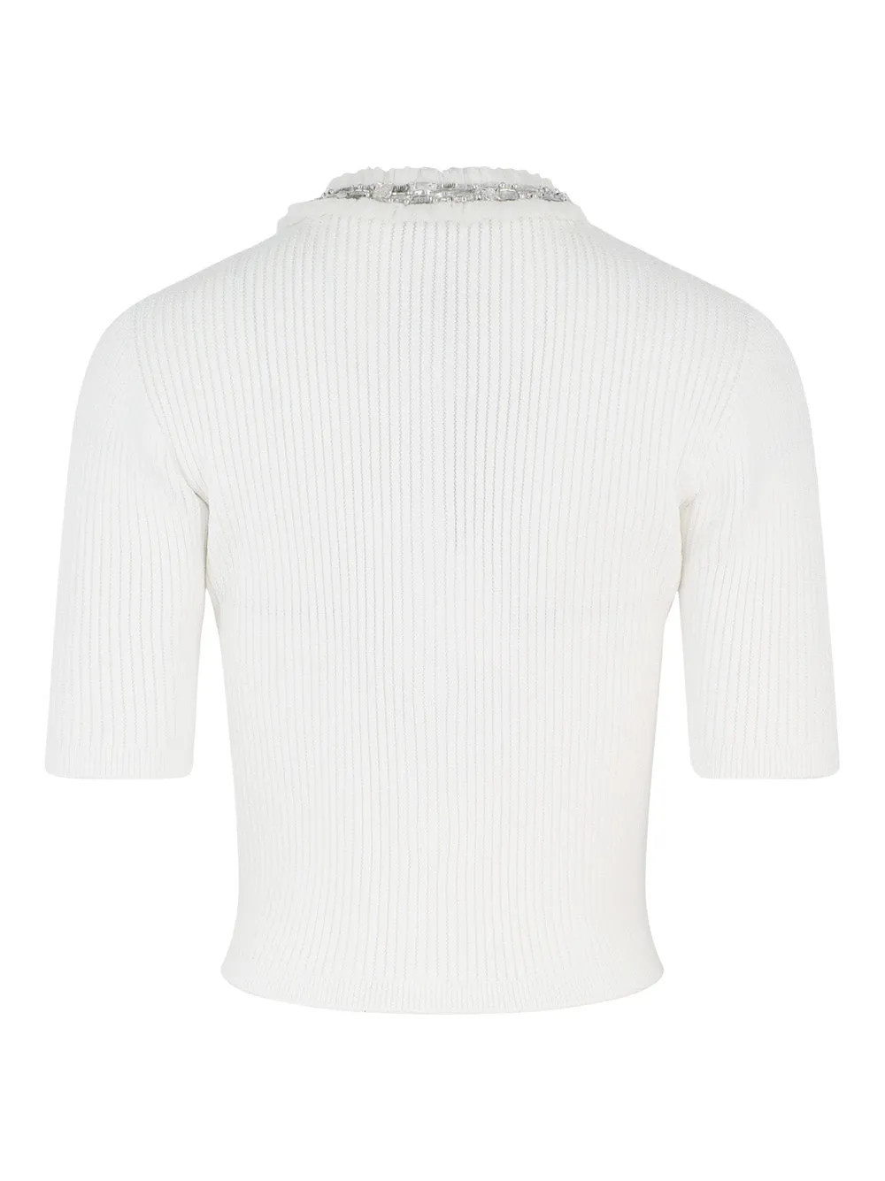 Balmain Short-Sleeve Embroidered Short Knit Cardigan in Blanc/Cristal