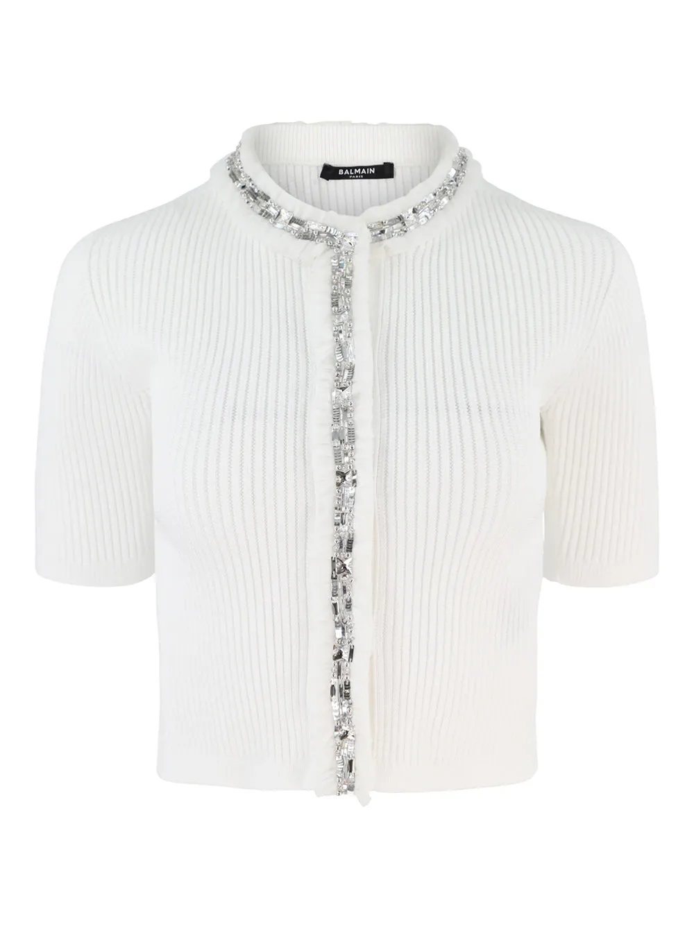 Balmain Short-Sleeve Embroidered Short Knit Cardigan in Blanc/Cristal