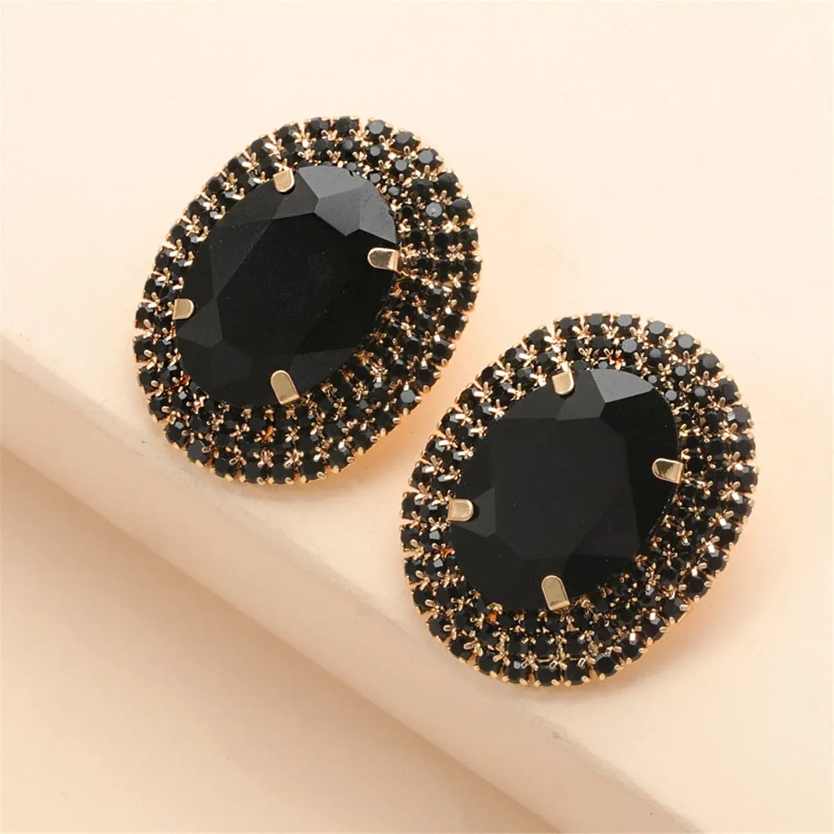 Black Crystal & Cubic Zirconia 18K Gold-Plated Oval Stud Earrings