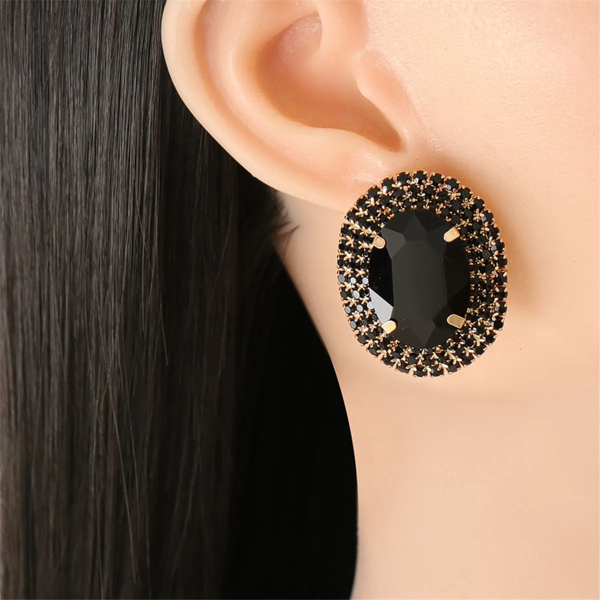 Black Crystal & Cubic Zirconia 18K Gold-Plated Oval Stud Earrings
