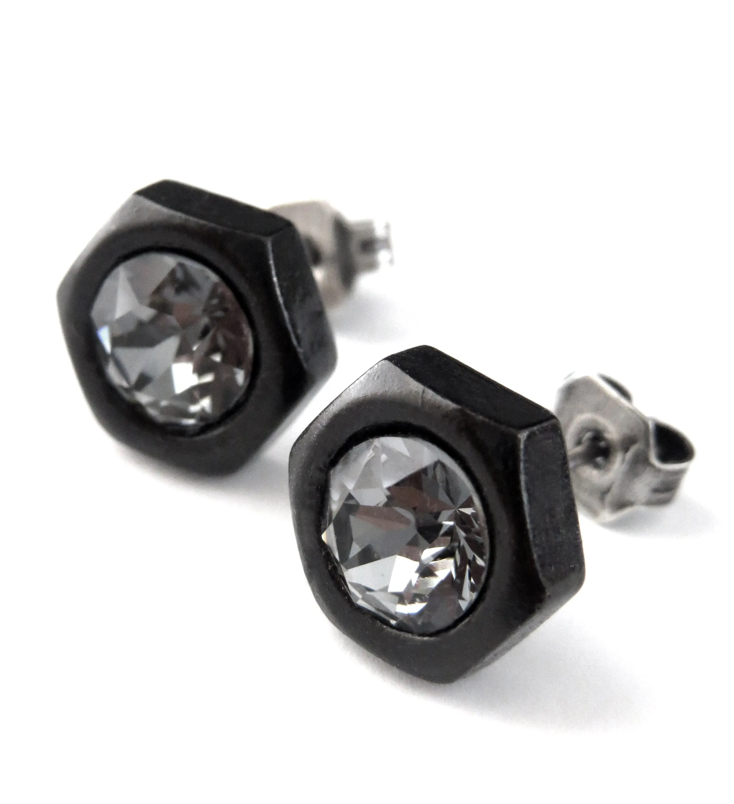 Black Hex Nut Stud Earrings with Black Crystal