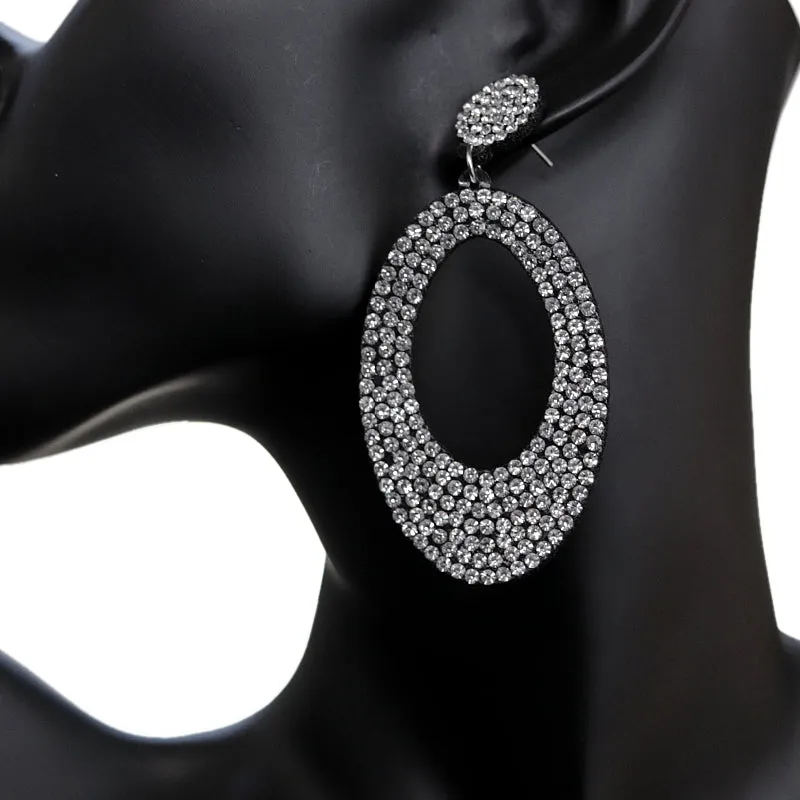 Black Silver Felt Pave Oval Rhinestone Earrings