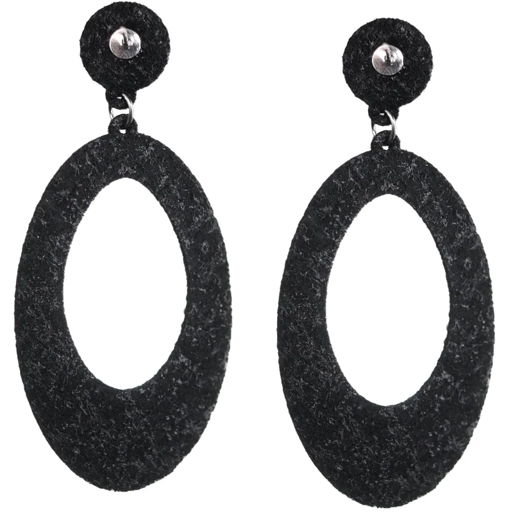 Black Silver Felt Pave Oval Rhinestone Earrings