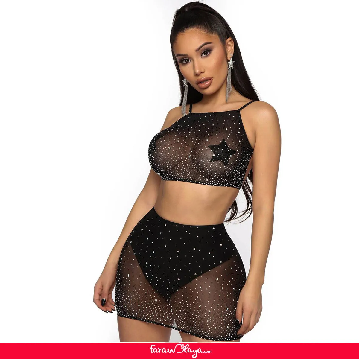 Black Two Piece Fishnet Rhinestone See Through Bikini Top and Short Skirt Set