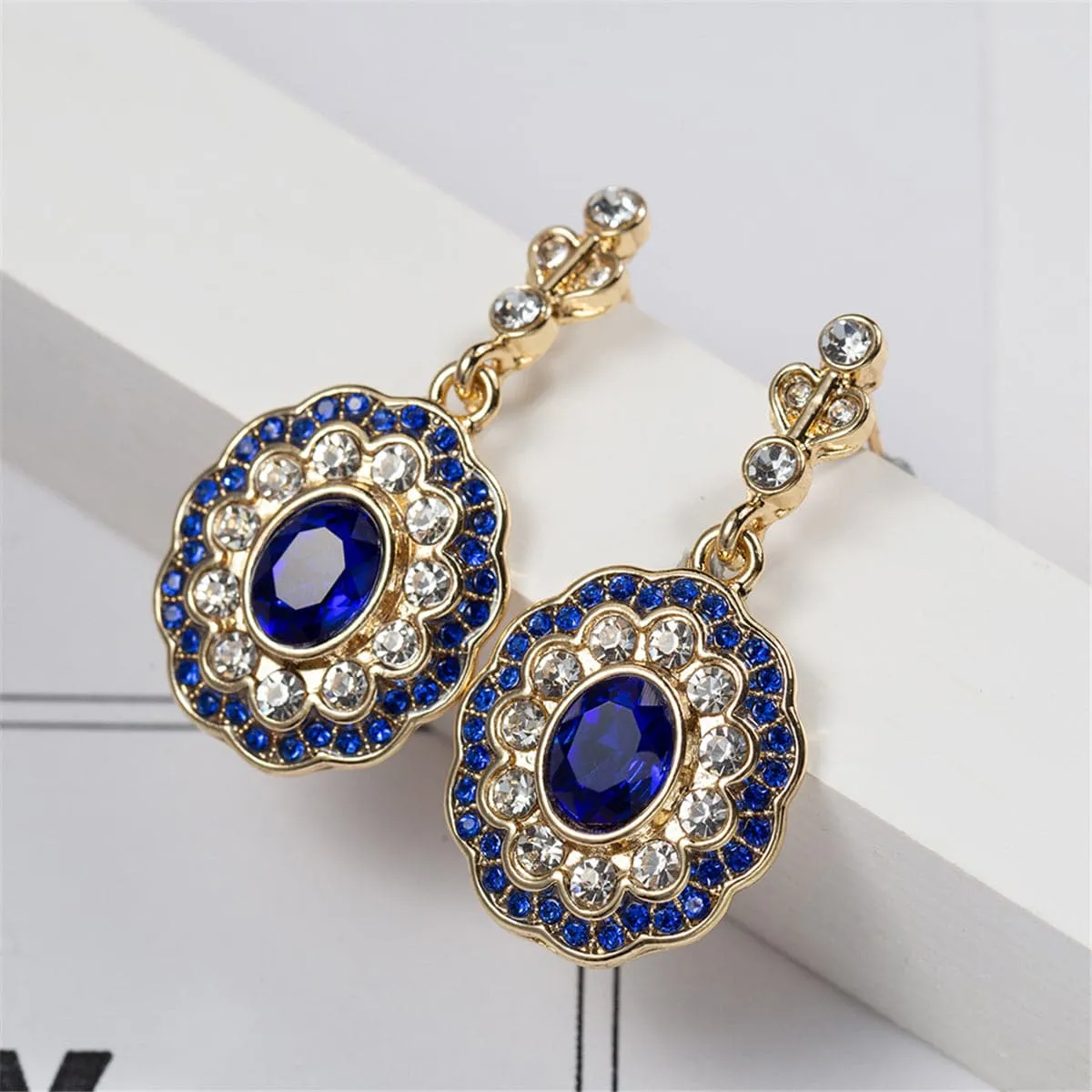 Blue Crystal & Cubic Zirconia Floral Oval Halo Drop Earrings
