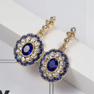 Blue Crystal & Cubic Zirconia Floral Oval Halo Drop Earrings