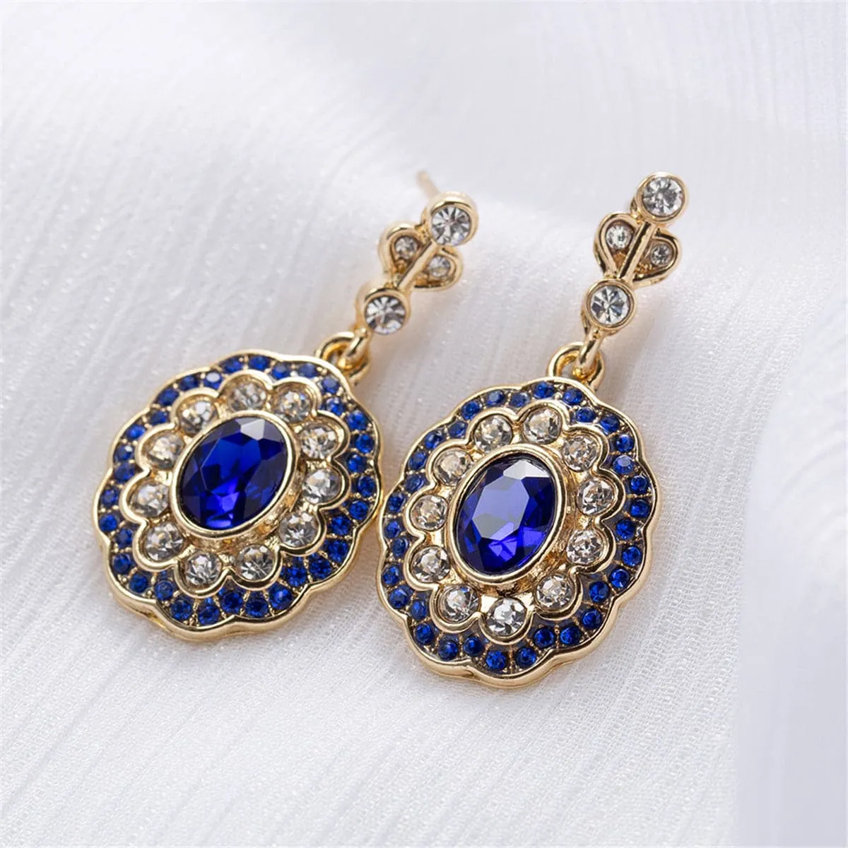 Blue Crystal & Cubic Zirconia Floral Oval Halo Drop Earrings