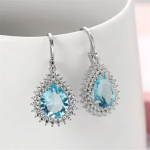 Blue Crystal & Silver-Plated Pear-Cut Halo Drop Earrings