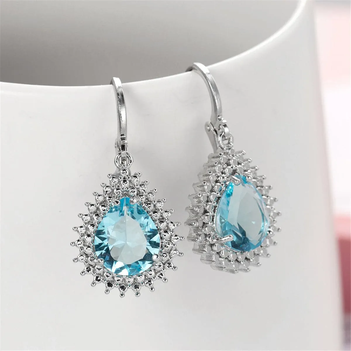 Blue Crystal & Silver-Plated Pear-Cut Halo Drop Earrings