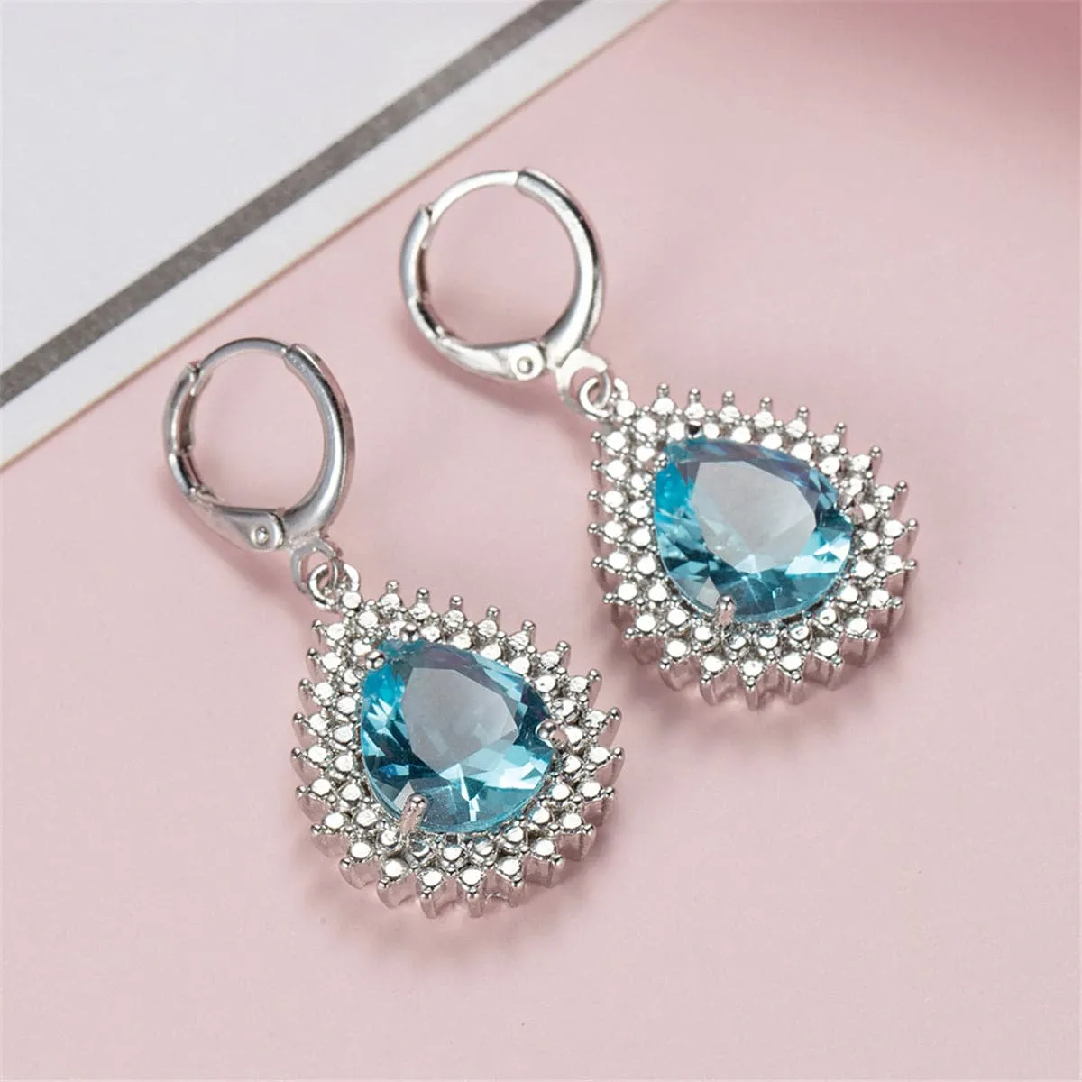 Blue Crystal & Silver-Plated Pear-Cut Halo Drop Earrings