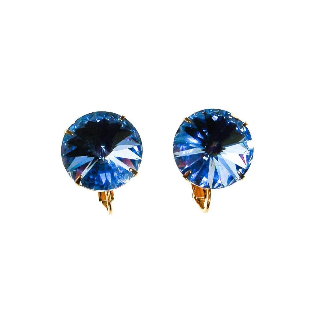 Blue Rivoli Rhinestone Earrings, Clip On, Round, Headlight Style, Designer Vintage Jewelry, 1960s