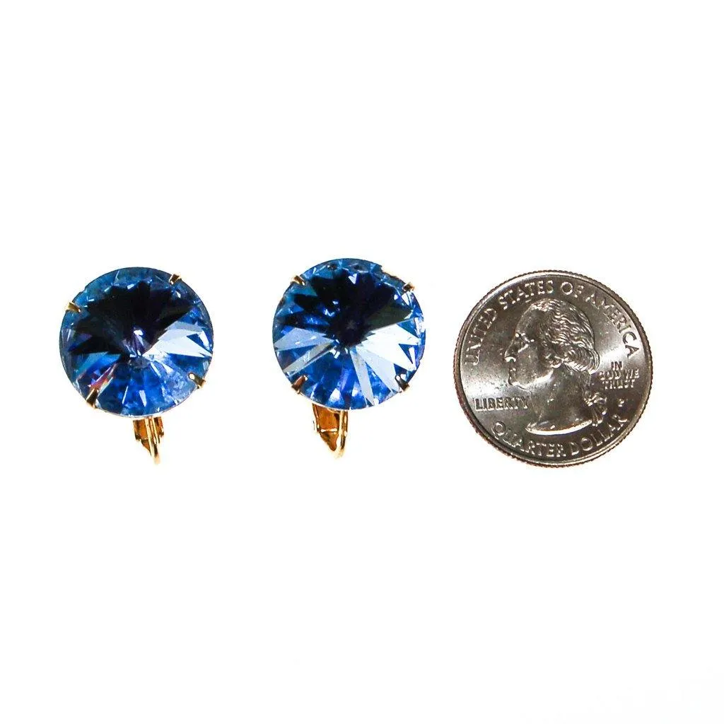 Blue Rivoli Rhinestone Earrings, Clip On, Round, Headlight Style, Designer Vintage Jewelry, 1960s