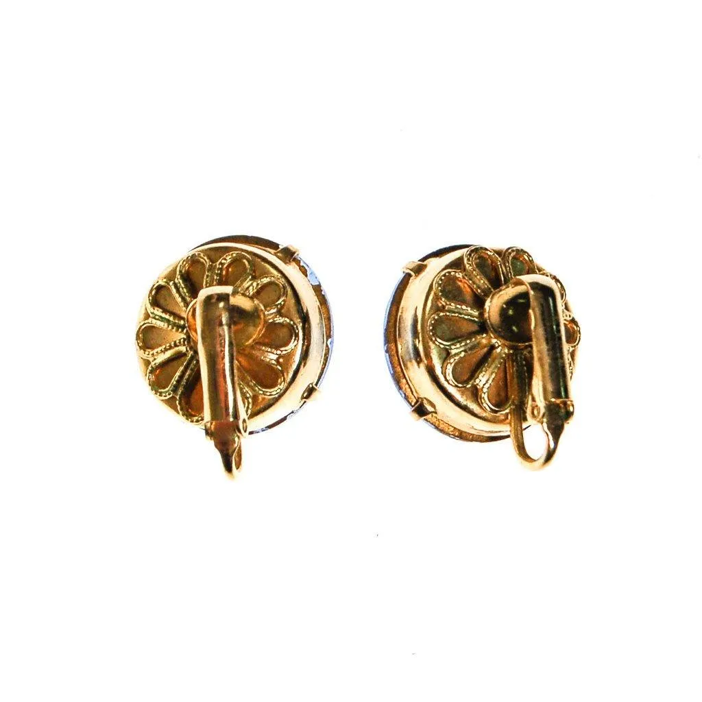 Blue Rivoli Rhinestone Earrings, Clip On, Round, Headlight Style, Designer Vintage Jewelry, 1960s