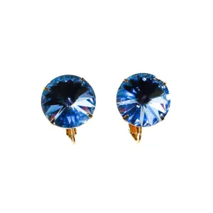 Blue Rivoli Rhinestone Earrings, Clip On, Round, Headlight Style, Designer Vintage Jewelry, 1960s