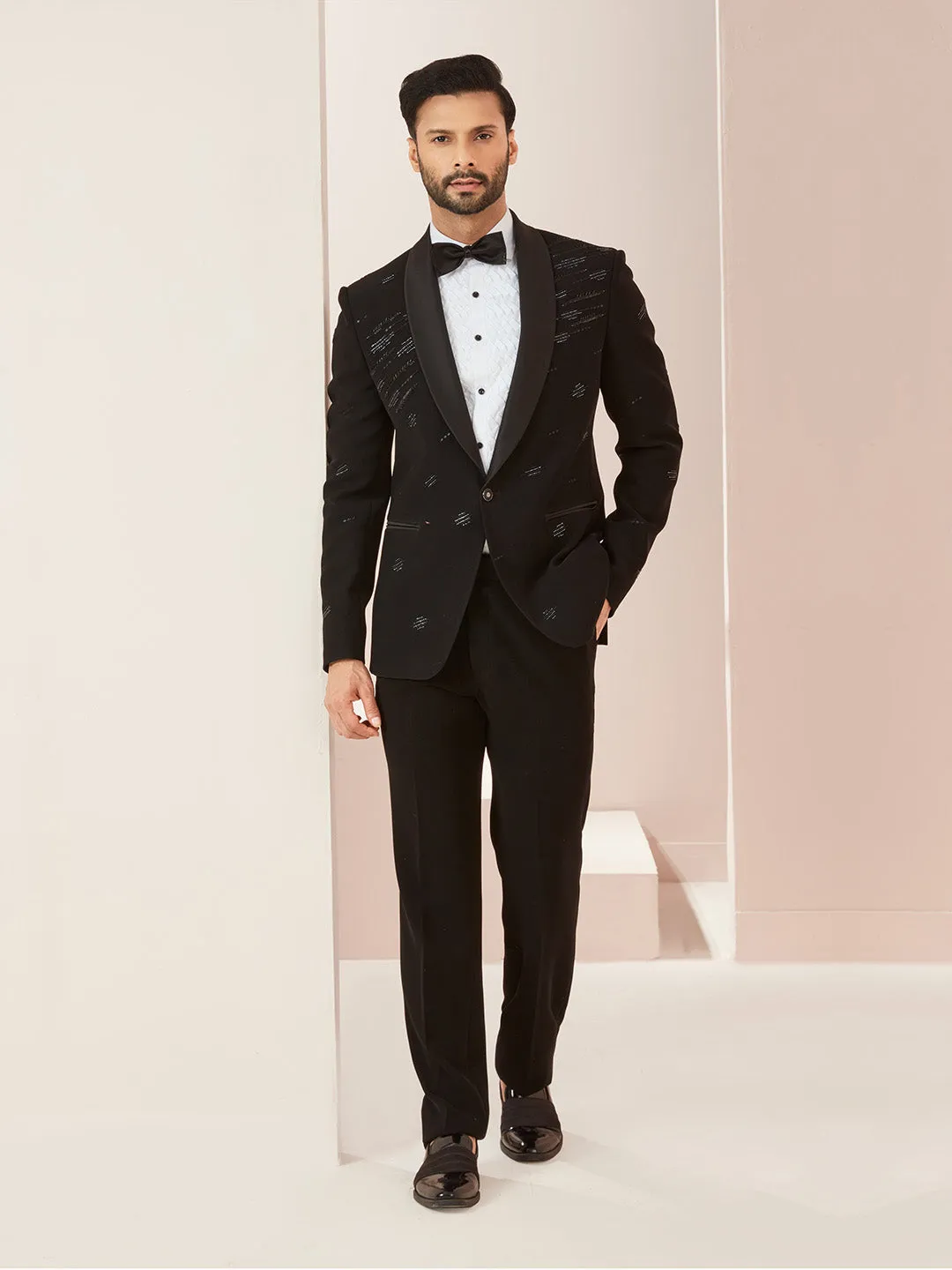 Bold Black Soft Silk Suit With Tassels