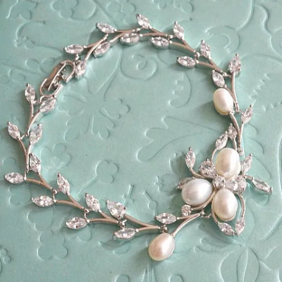 Bridal Wedding Bracelet. Art Deco Freshwater Pearl Flower Crystal Silver Leaf Bracelet. Grecian Victorian Vintage Crystal Bracelet.