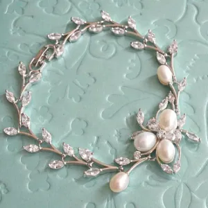 Bridal Wedding Bracelet. Art Deco Freshwater Pearl Flower Crystal Silver Leaf Bracelet. Grecian Victorian Vintage Crystal Bracelet.