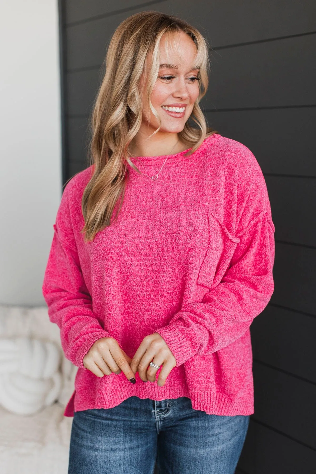 Bright & Cheery Chenille Knit Sweater- Hot Pink
