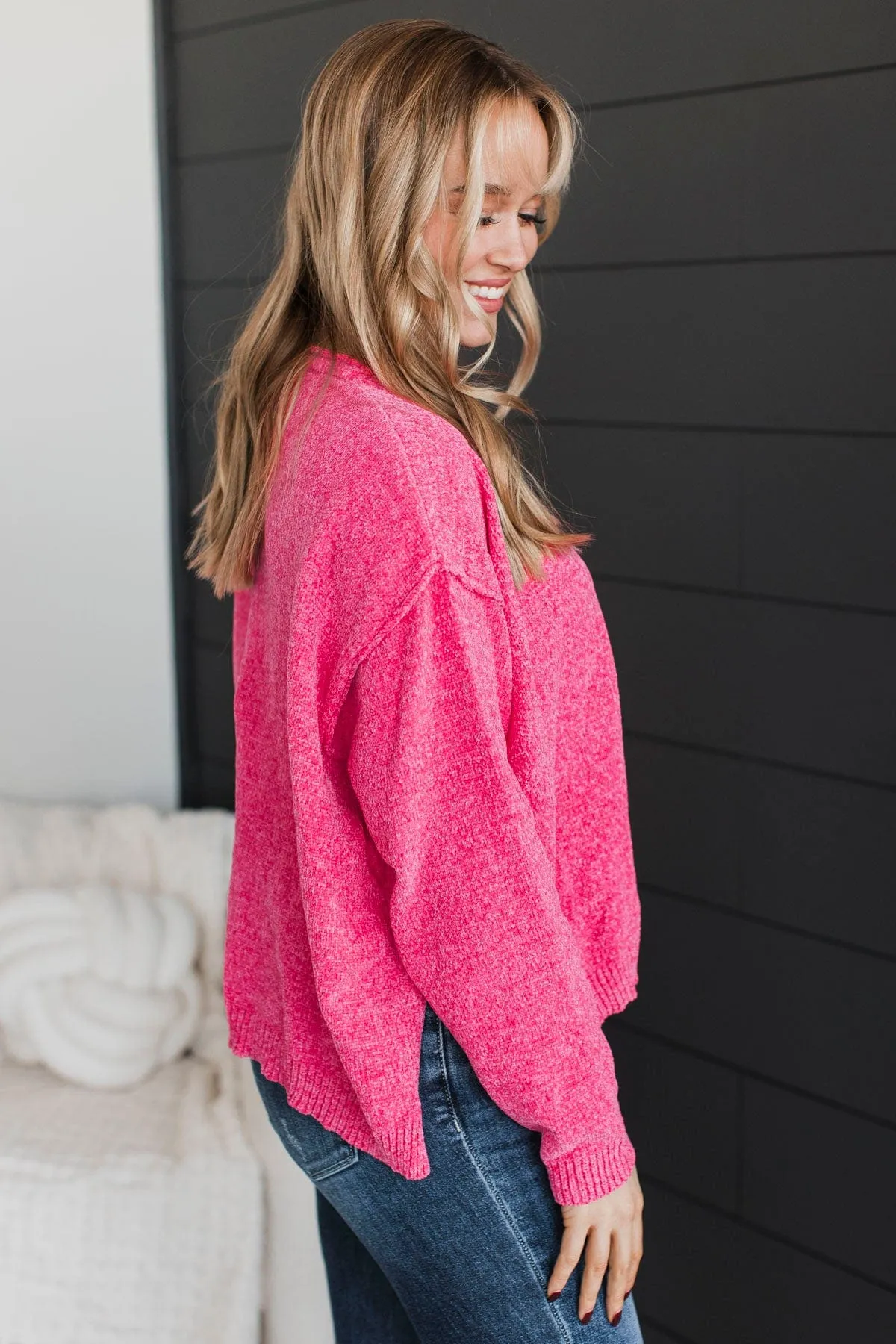 Bright & Cheery Chenille Knit Sweater- Hot Pink