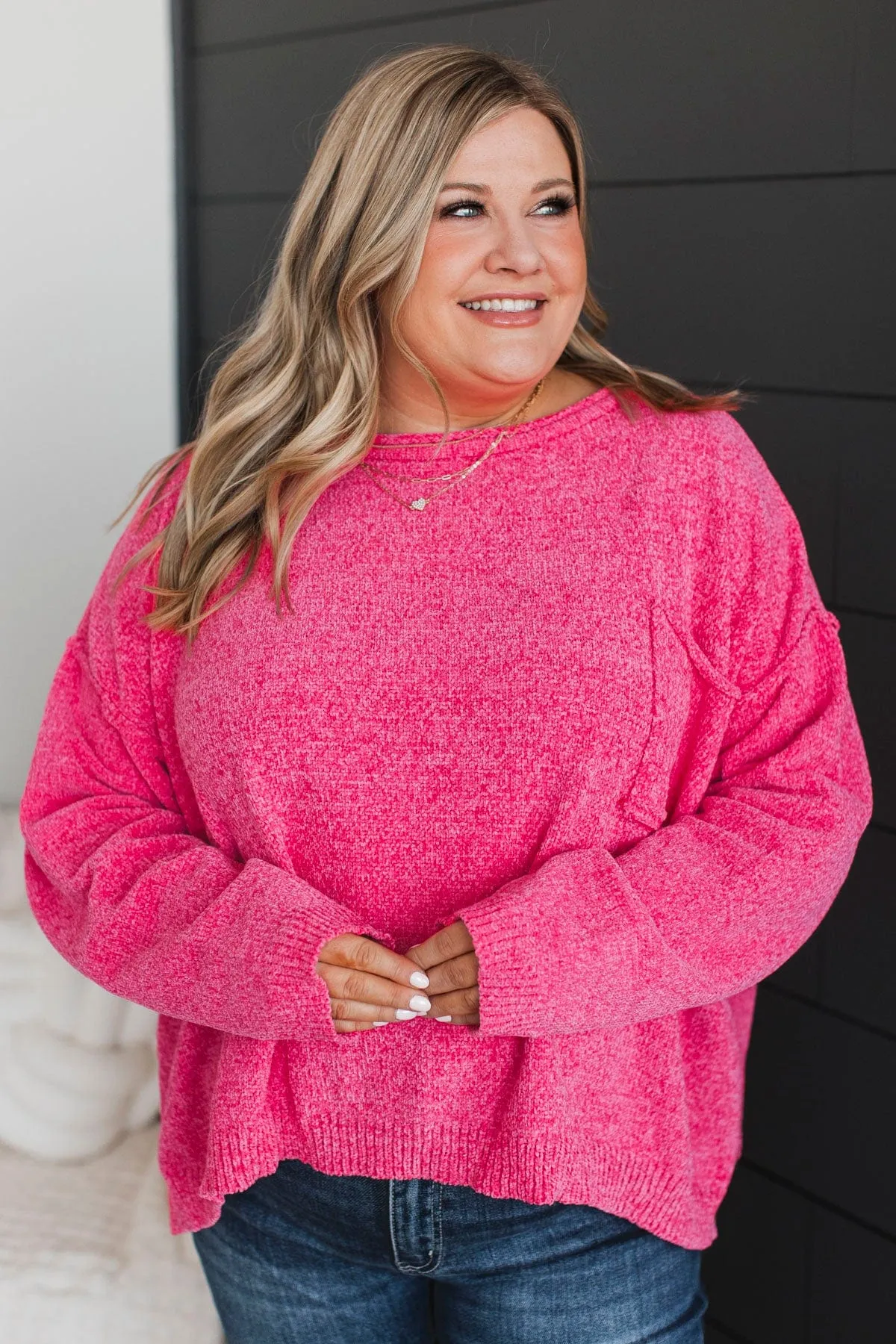 Bright & Cheery Chenille Knit Sweater- Hot Pink
