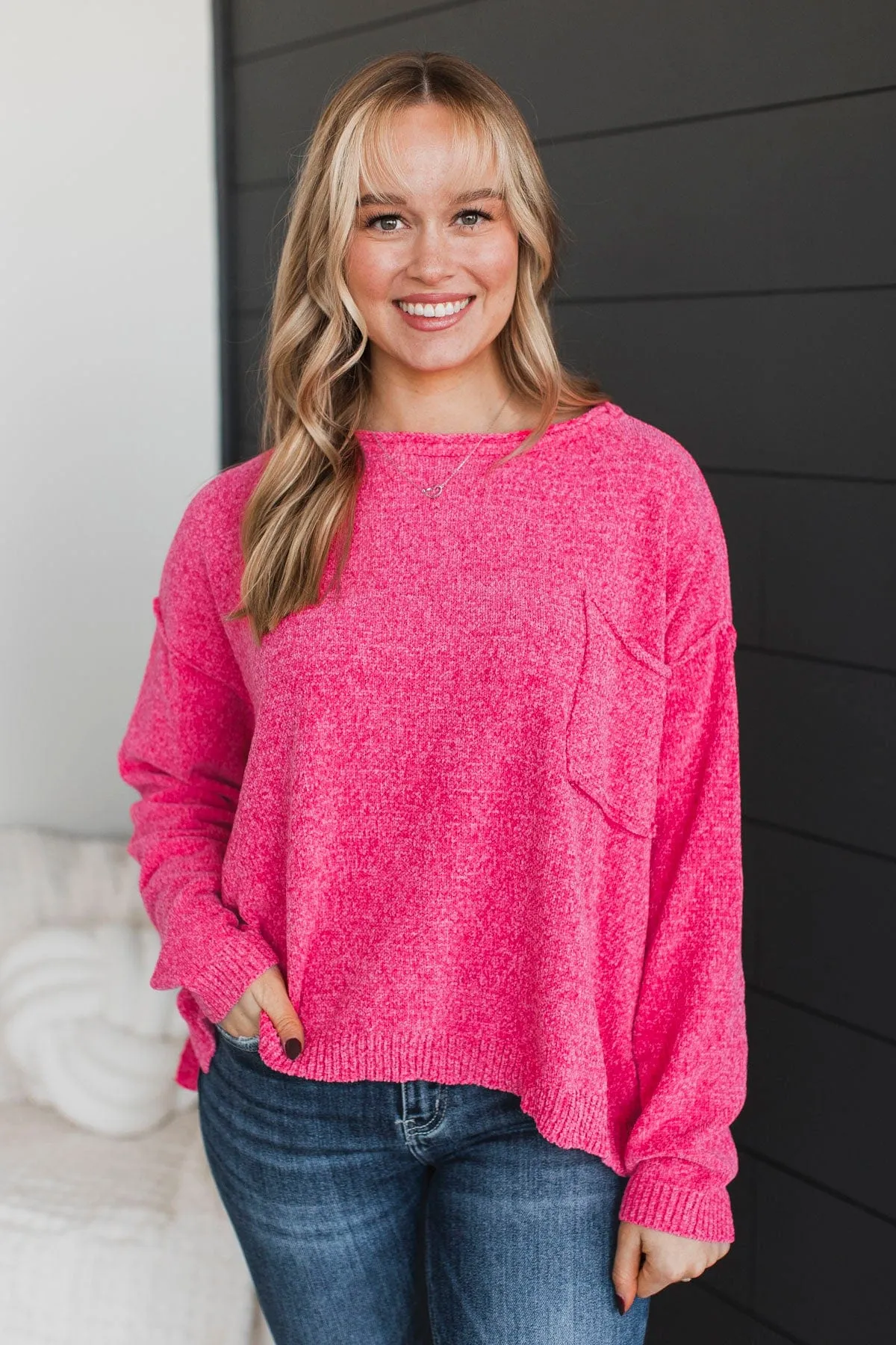 Bright & Cheery Chenille Knit Sweater- Hot Pink