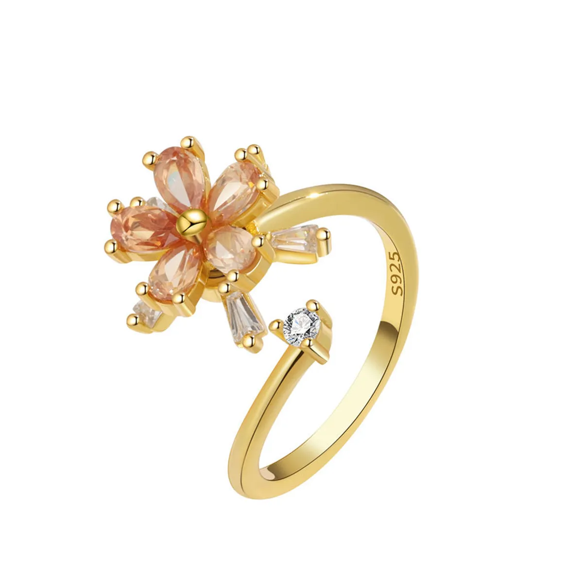 Champagne Crystal & Cubic Zirconia 18K Gold-Plated Rotating Floral Ring