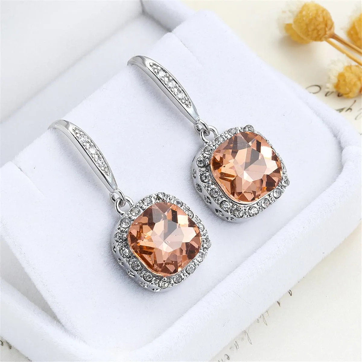Champagne Crystal & Silver-Plated Princess-Cut Drop Earrings