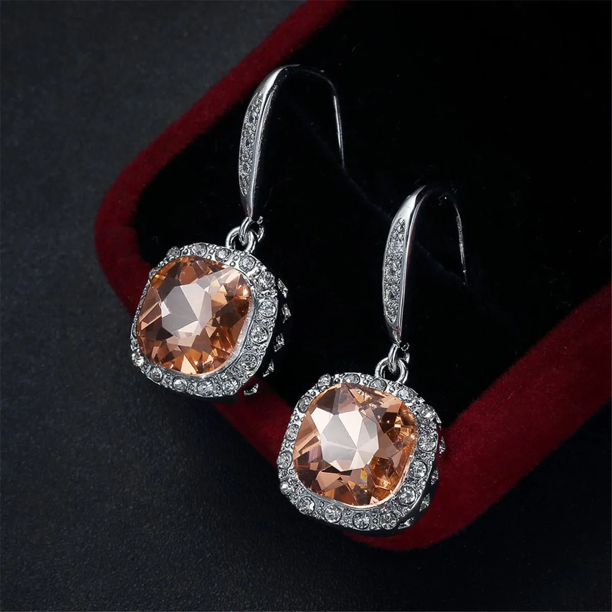 Champagne Crystal & Silver-Plated Princess-Cut Drop Earrings